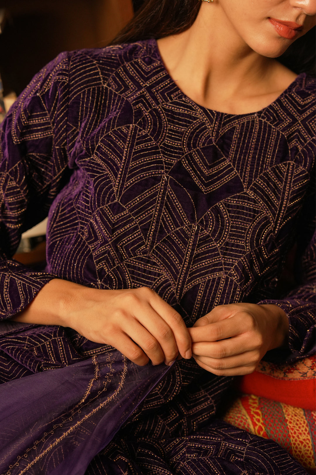 Purple Hand Embroidered Velvet Kurta with Pants and Organza Dupatta