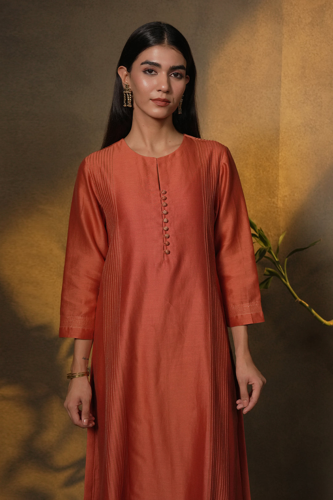 Rust Chanderi Kurta with Pants and Hand Embroidered Dupatta