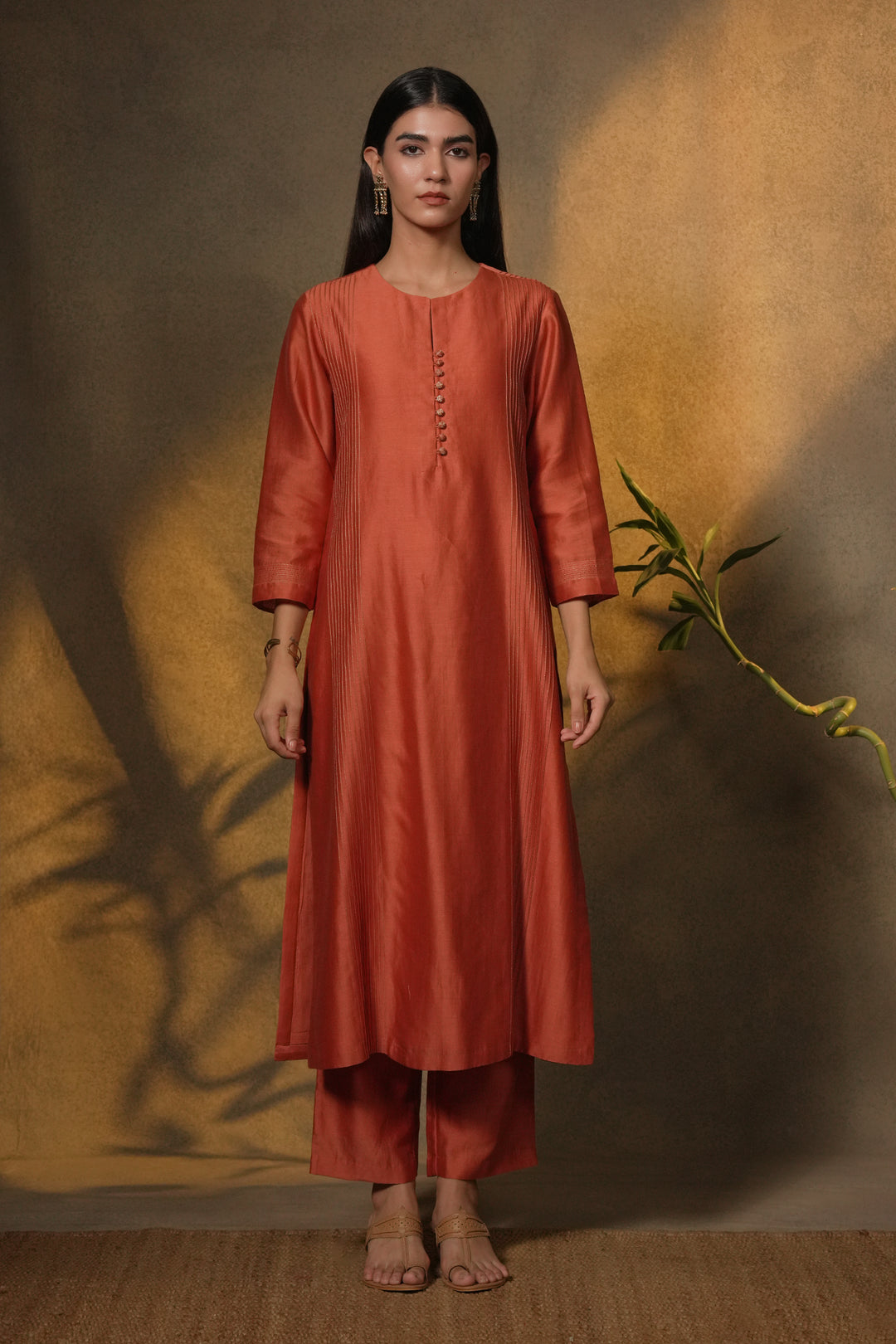 Rust Chanderi Kurta with Pants and Hand Embroidered Dupatta