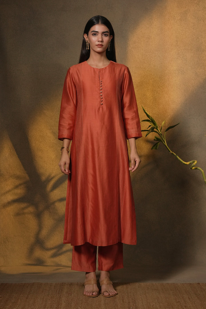 Rust Chanderi Kurta with Pants and Hand Embroidered Dupatta
