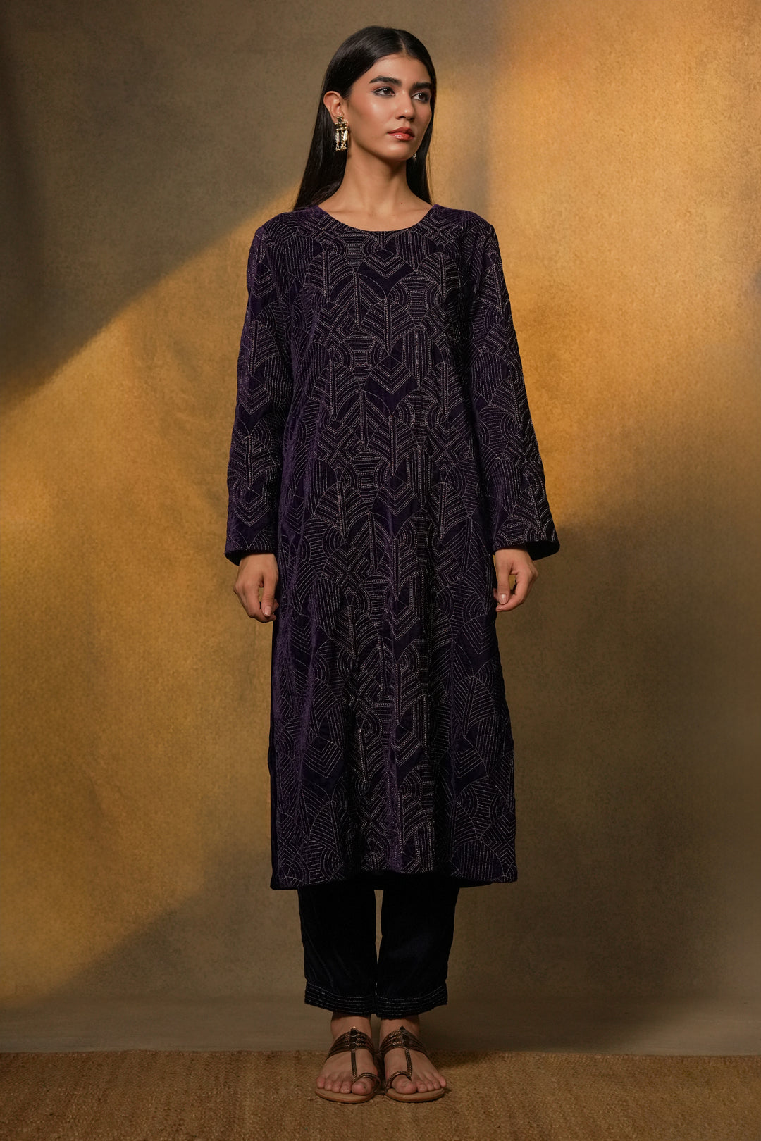 Purple Hand Embroidered Velvet Kurta with Pants and Organza Dupatta