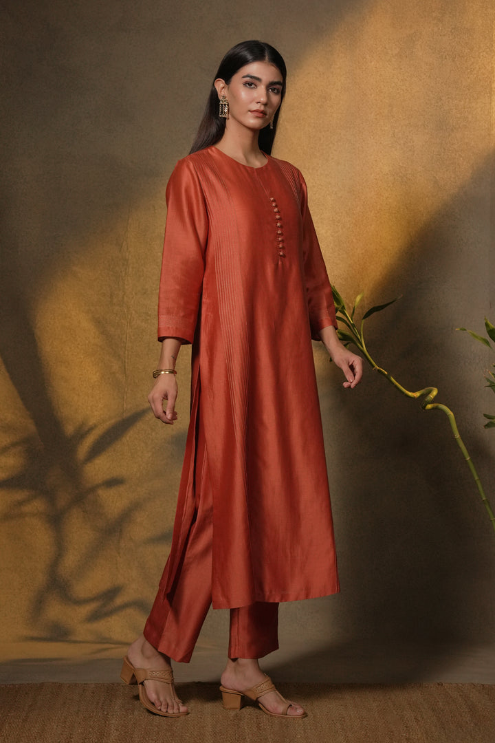 Rust Chanderi Kurta with Pants and Hand Embroidered Dupatta