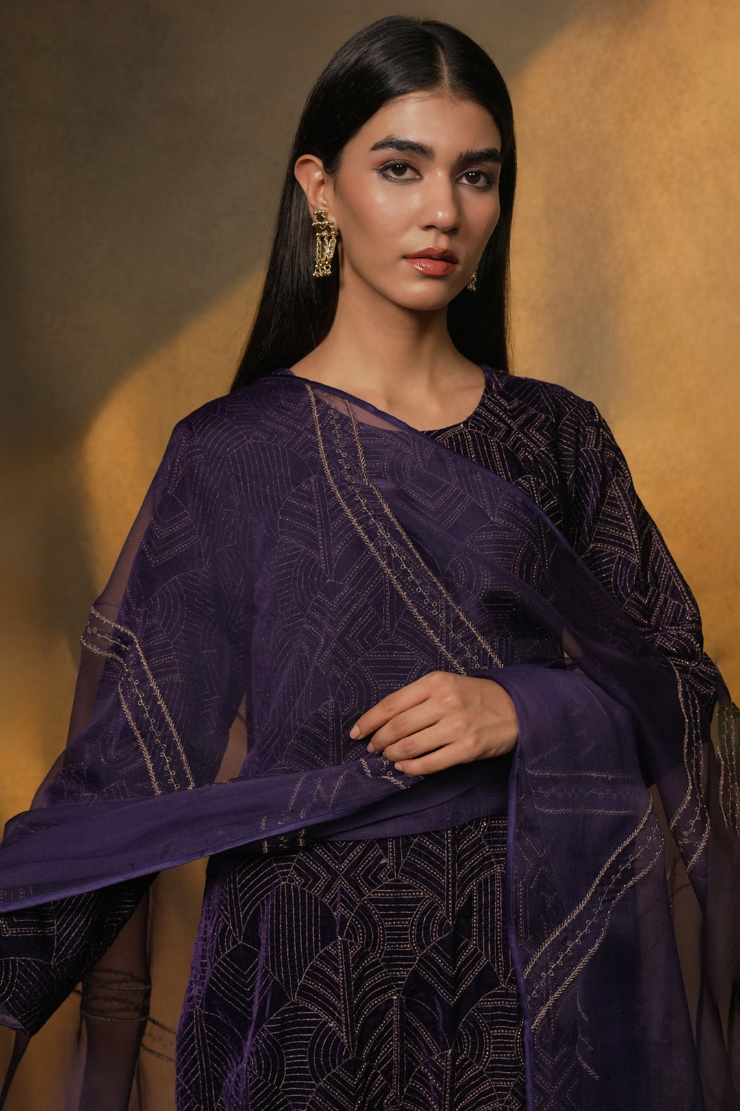 Purple Hand Embroidered Velvet Kurta with Pants and Organza Dupatta