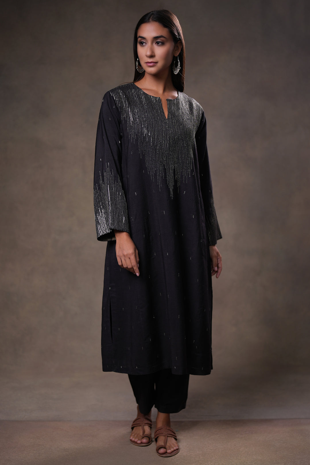 Black Hand Embroidered Silk Kurta with Pants and Dupatta