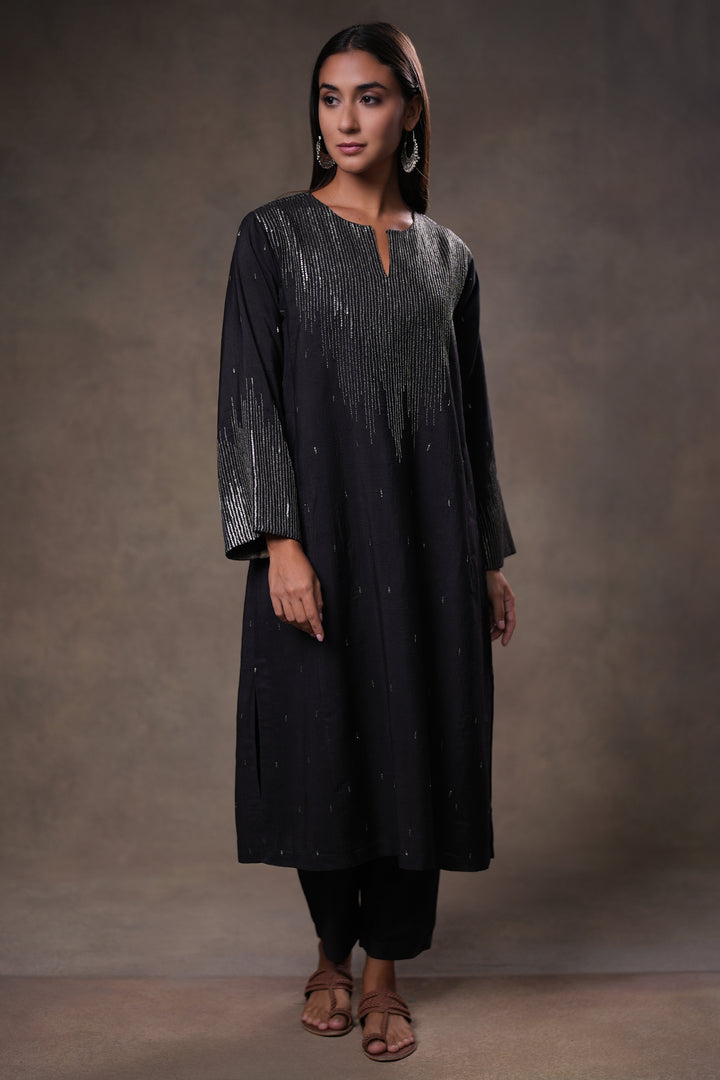 Black Hand Embroidered Silk Kurta with Pants and Dupatta