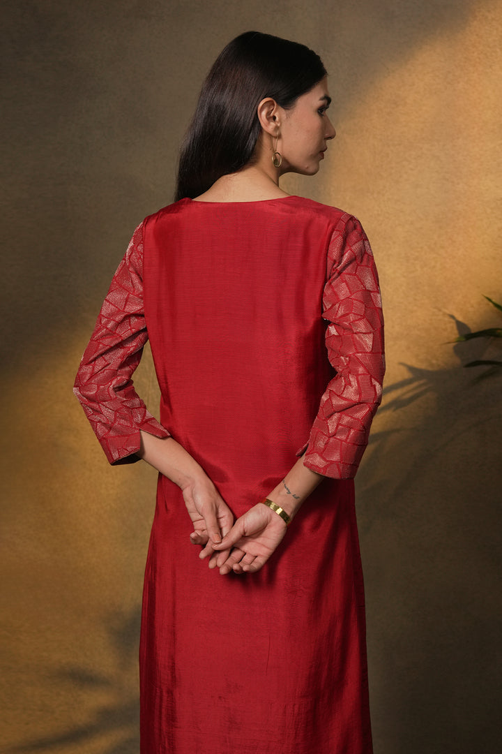 Red Embroidered Cotton Silk Kurta with Dupatta and Pants
