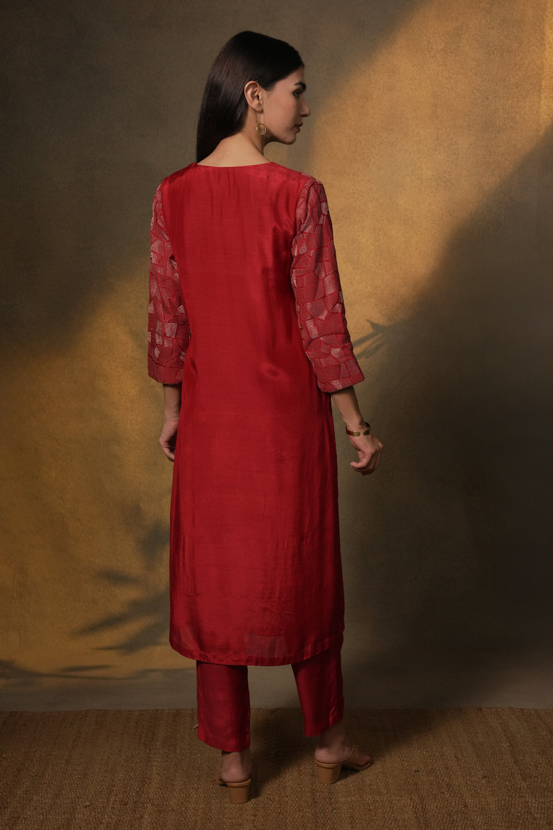 Red Embroidered Cotton Silk Kurta with Dupatta and Pants