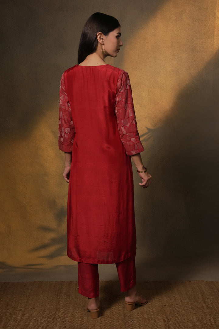 Red Embroidered Cotton Silk Kurta with Dupatta and Pants