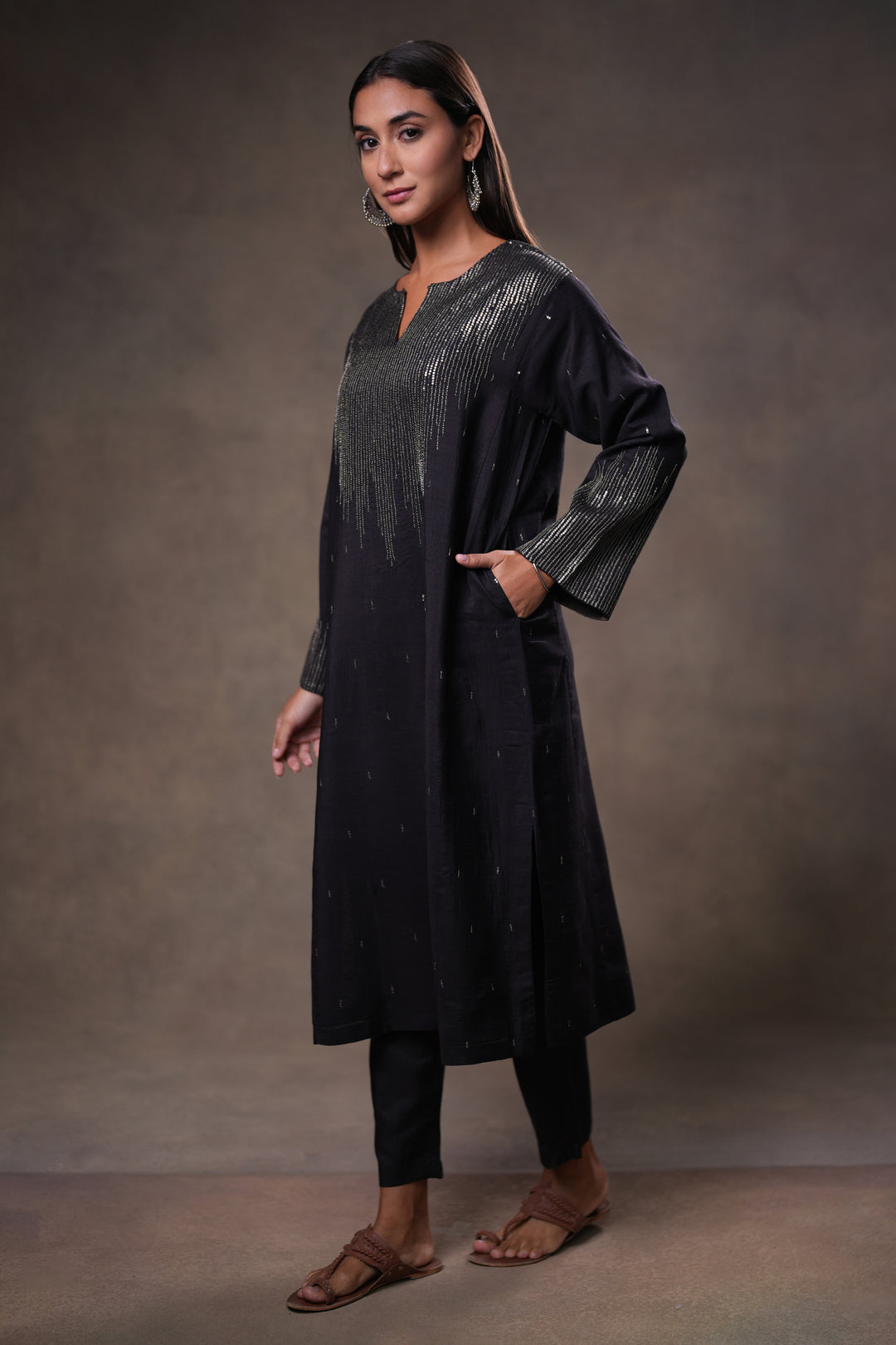 Black Hand Embroidered Silk Kurta with Pants and Dupatta