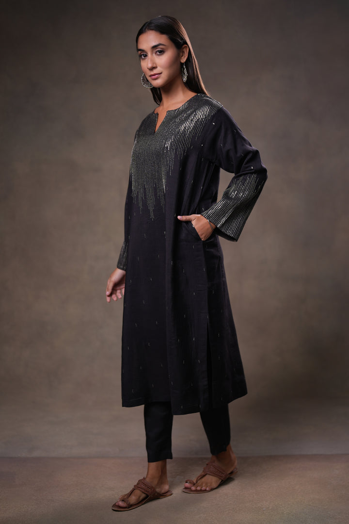 Black Hand Embroidered Silk Kurta with Pants and Dupatta