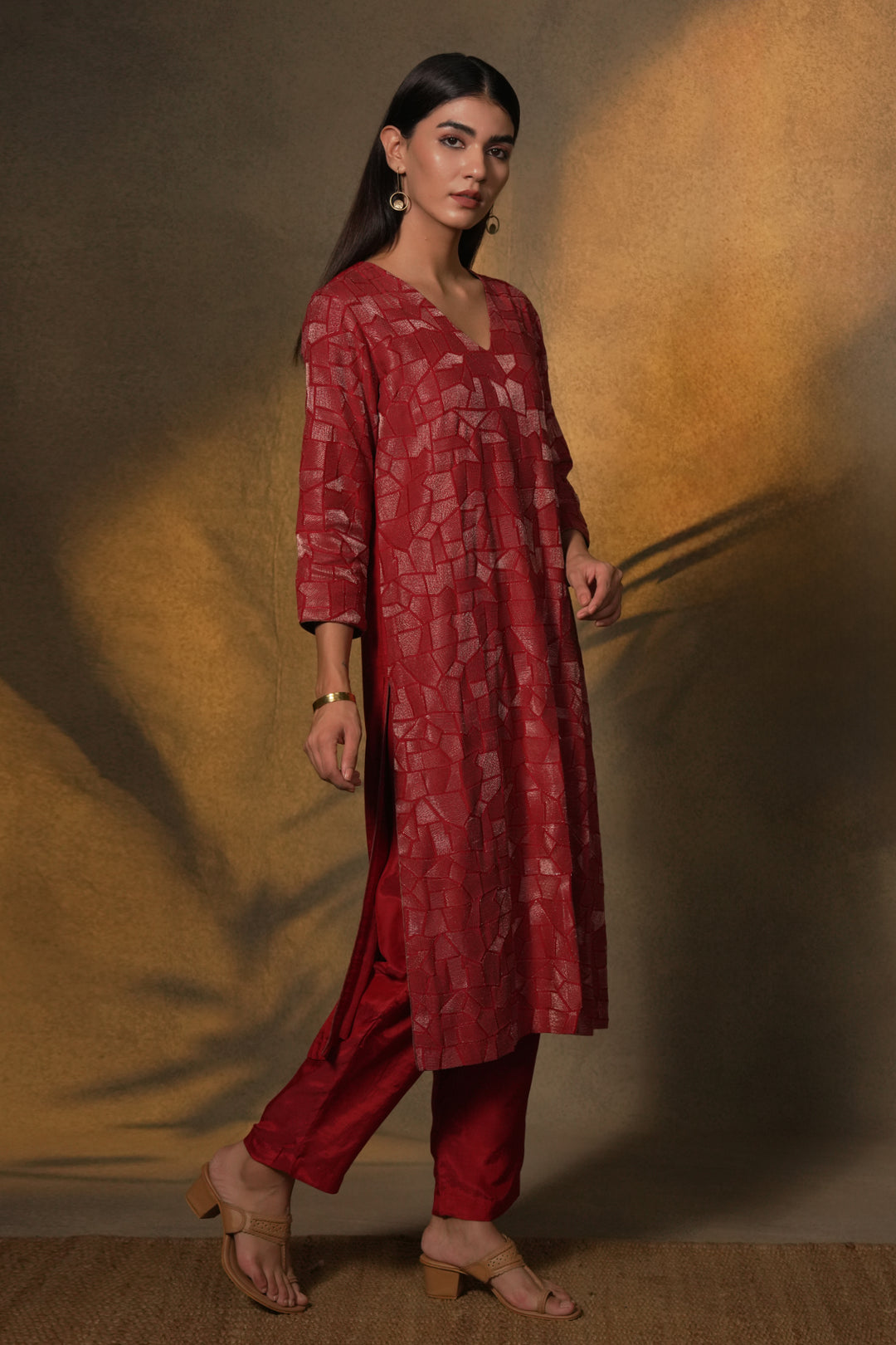 Red Embroidered Cotton Silk Kurta with Dupatta and Pants