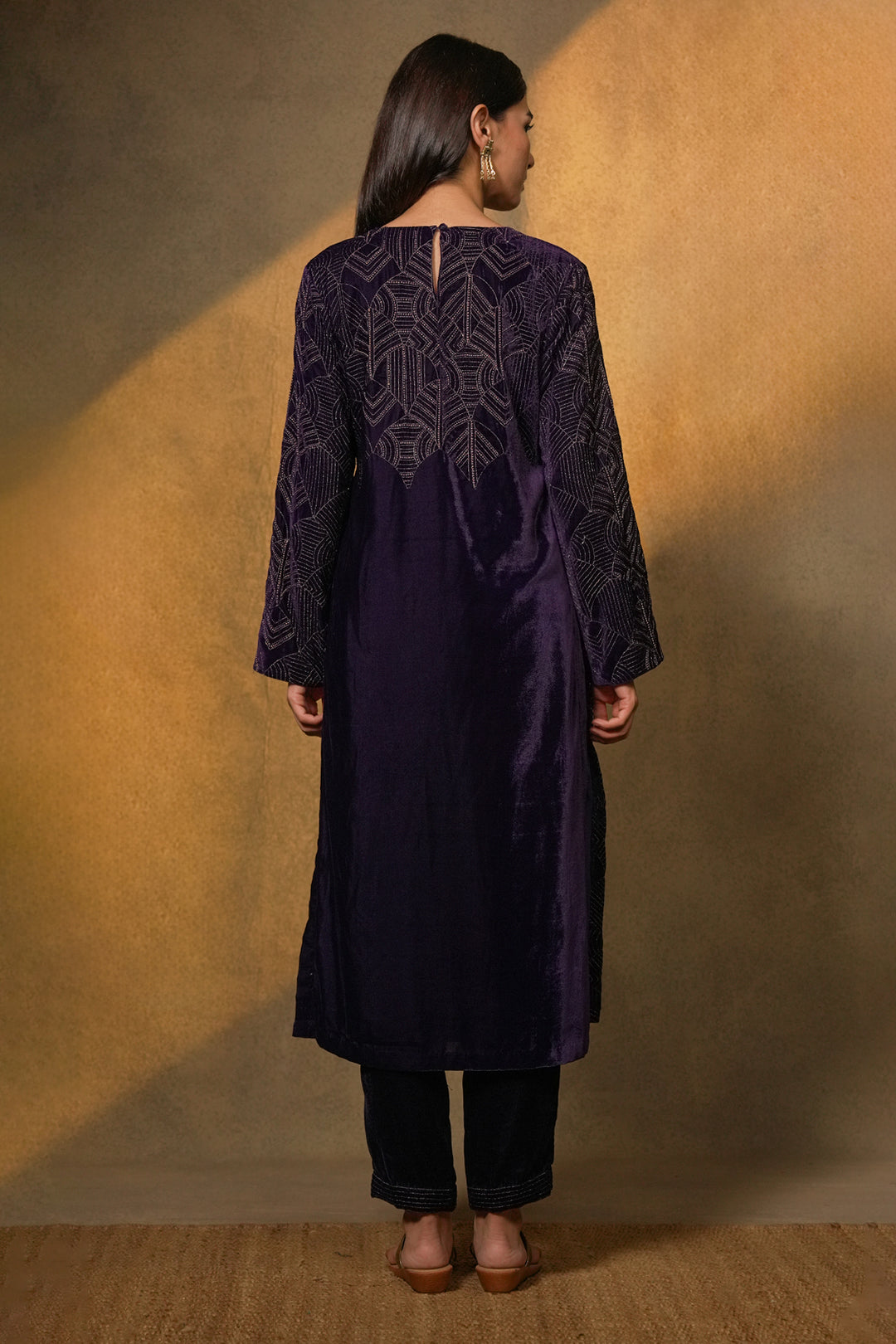 Purple Hand Embroidered Velvet Kurta with Pants and Organza Dupatta