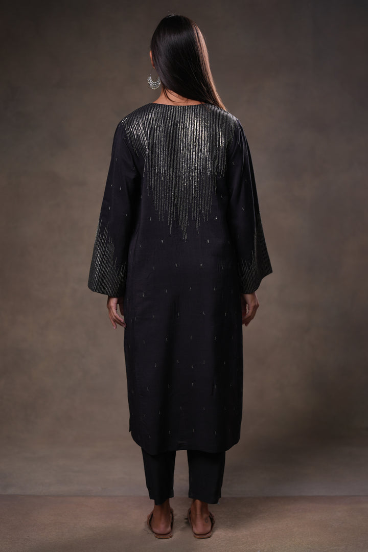 Black Hand Embroidered Silk Kurta with Pants and Dupatta