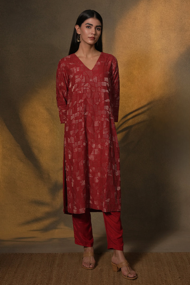 Red Embroidered Cotton Silk Kurta with Dupatta and Pants