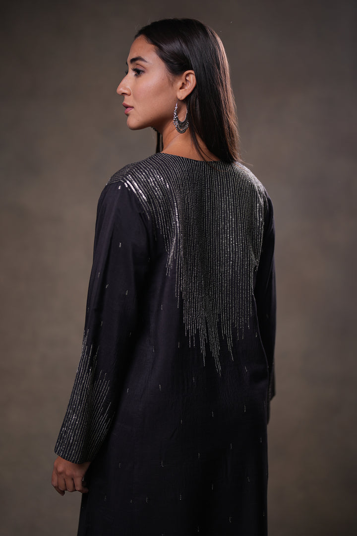 Black Hand Embroidered Silk Kurta with Pants and Dupatta