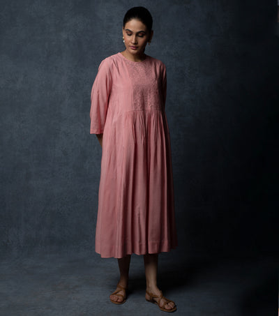 Pink Embroidered Chanderi Dress