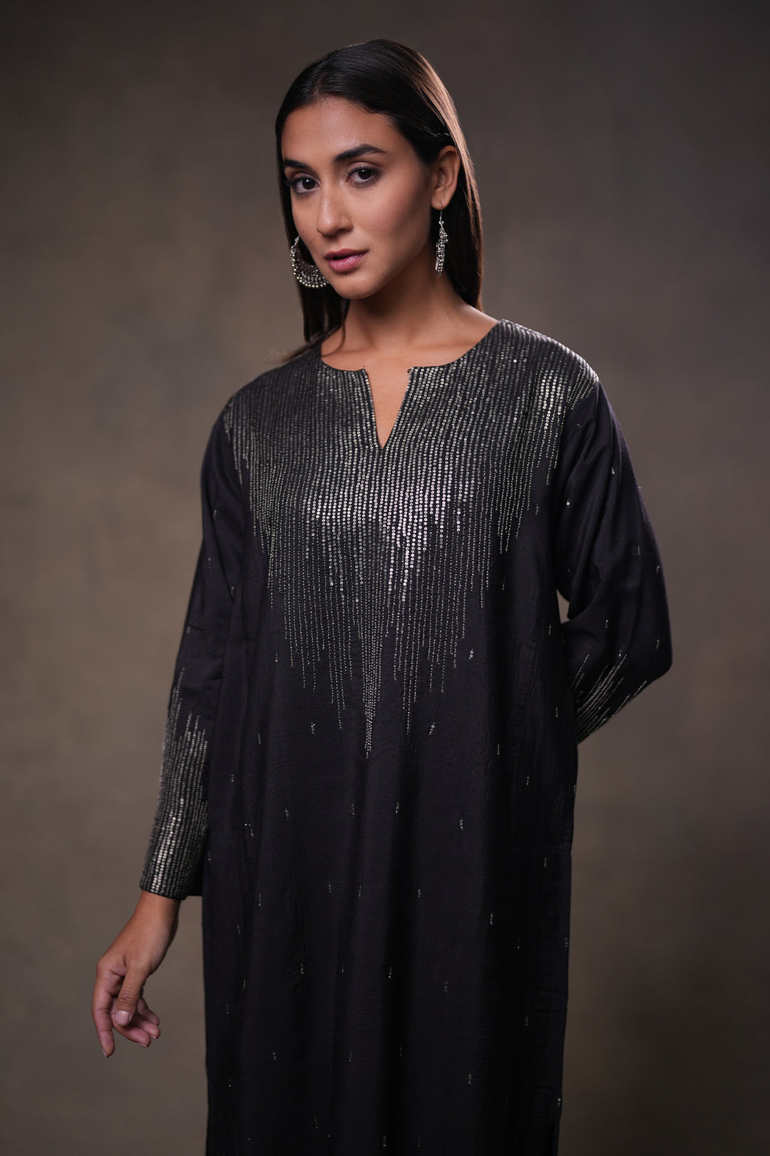 Black Hand Embroidered Silk Kurta with Pants and Dupatta
