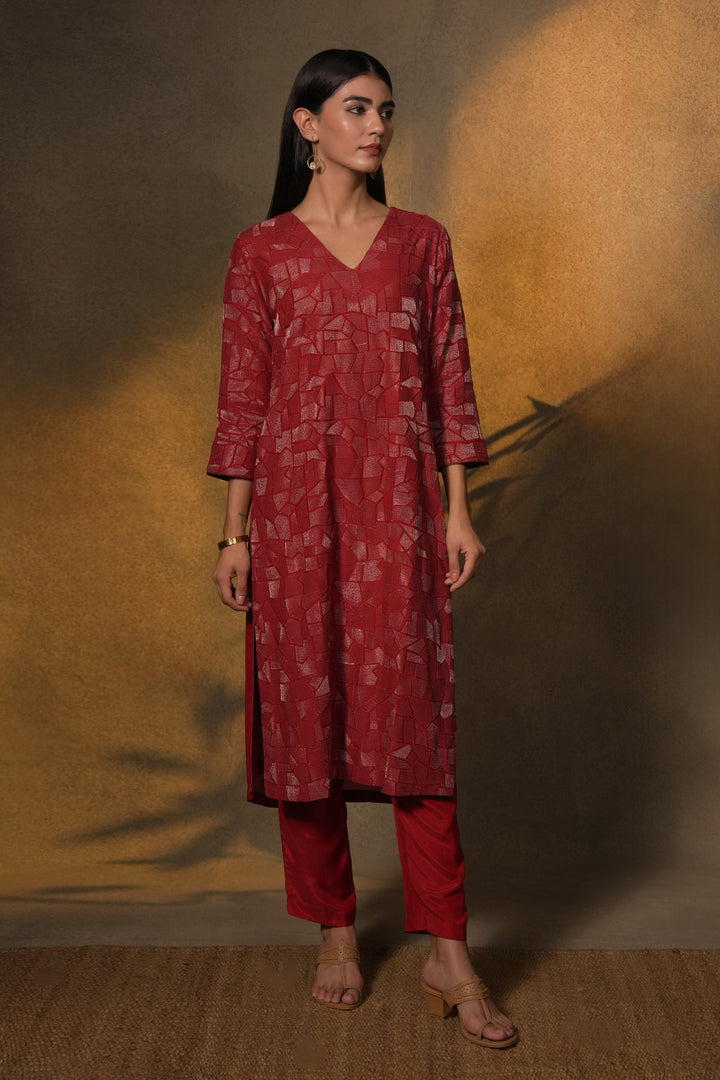 Red Embroidered Cotton Silk Kurta with Dupatta and Pants