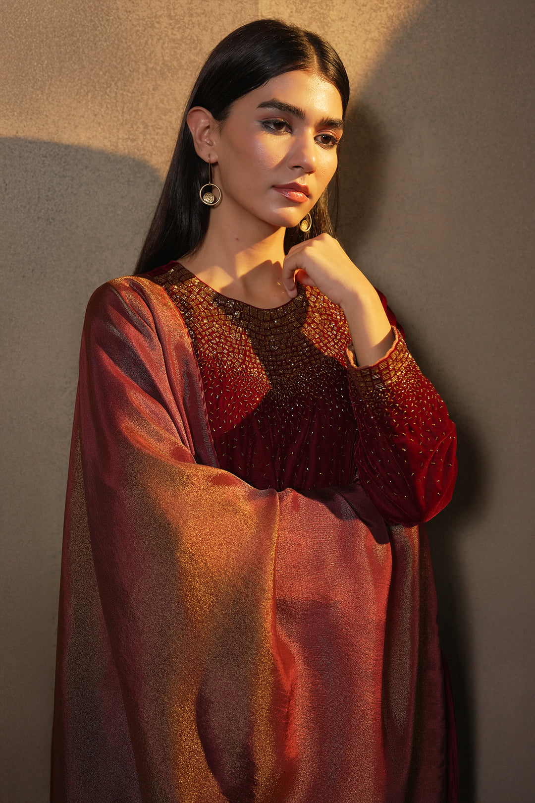 Maroon Velvet Kurta with Pants and Tissue Dupatta