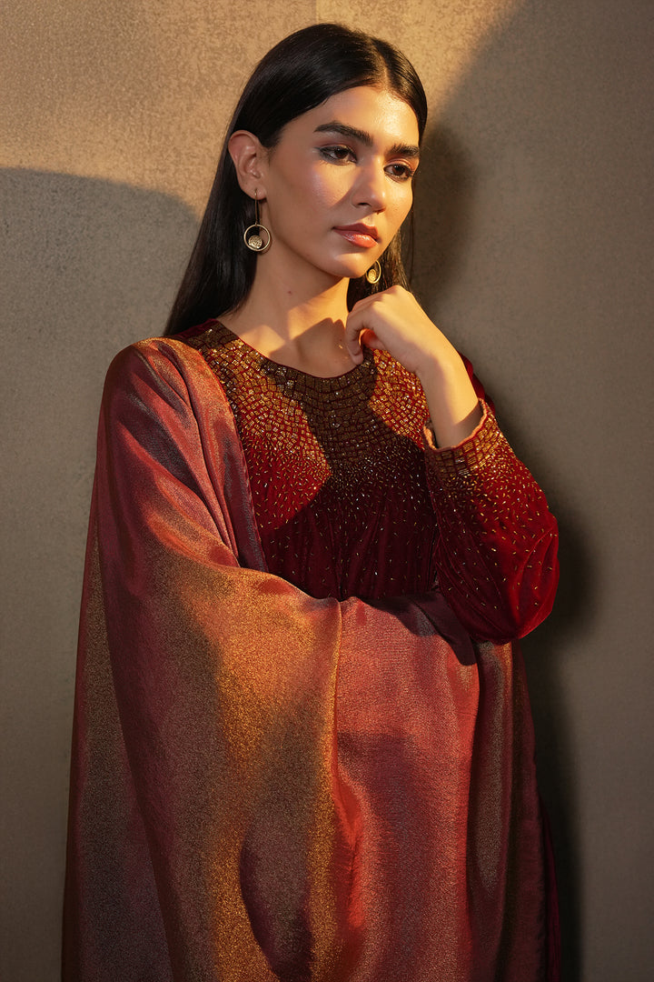 Maroon Velvet Kurta with Pants and Tissue Dupatta