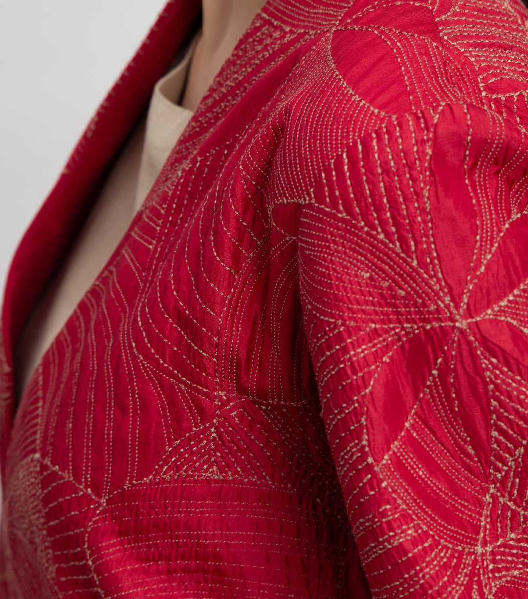 Red Embroidered Quilted Silk Jacket