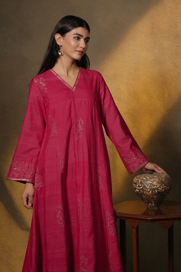 Hot Pink Hand Embroidered Silk Kurta with Organza Dupatta