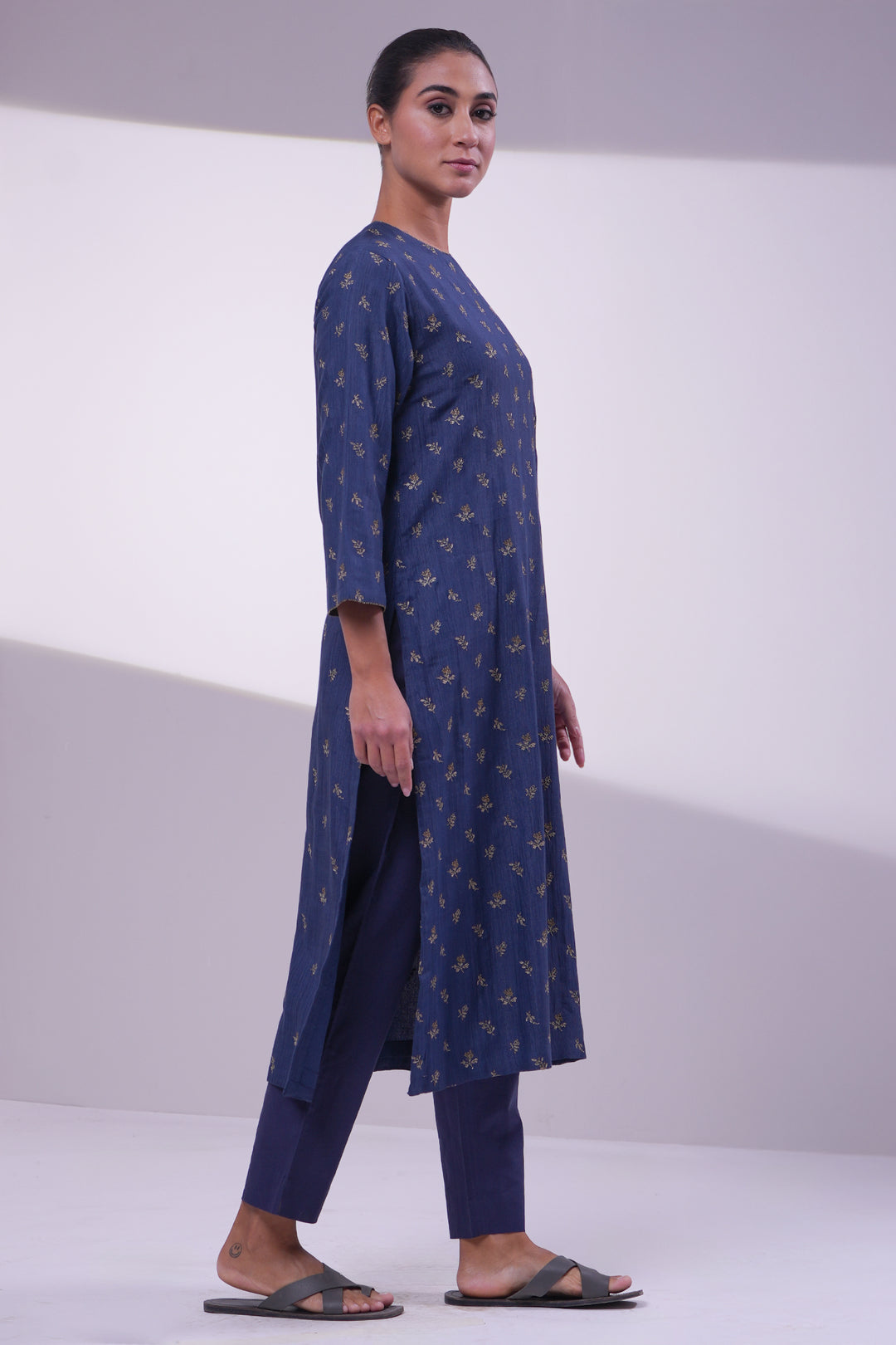 Navy Cotton Silk Embroidered Kurta Set