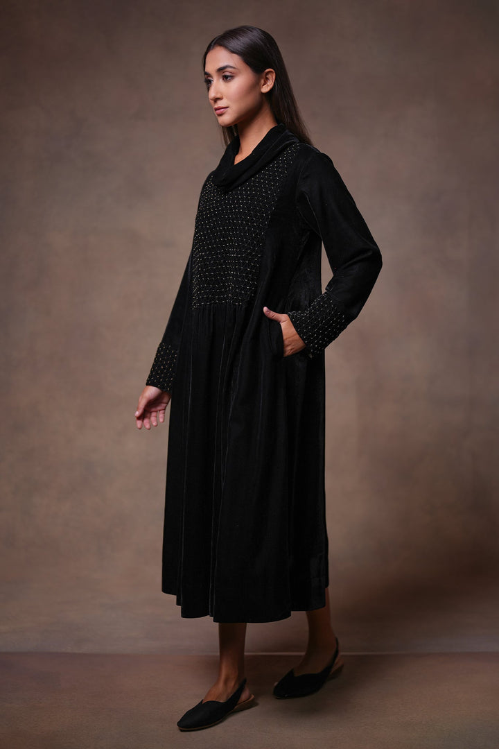 Black Hand Embroidered Velvet Dress