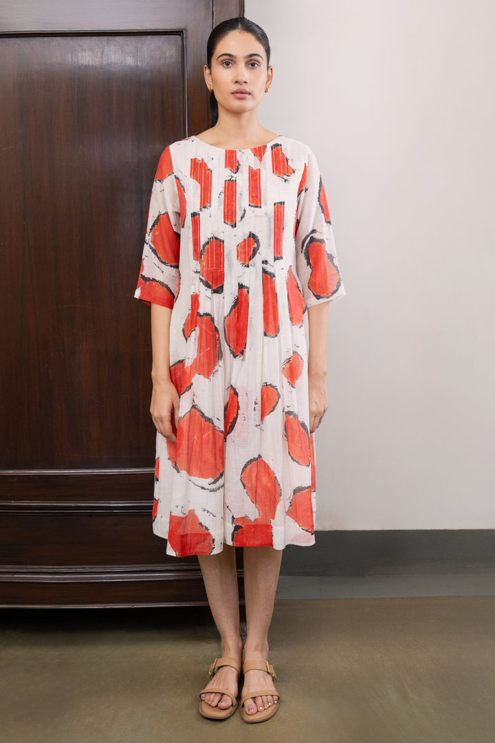 Off-White and Red Abstract Printed Chanderi Dress