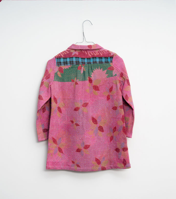 Pink Vintage Cotton Kantha Jacket For Kids