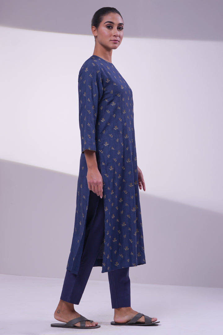 Navy Zari Embroidered Cotton Silk Suit Set