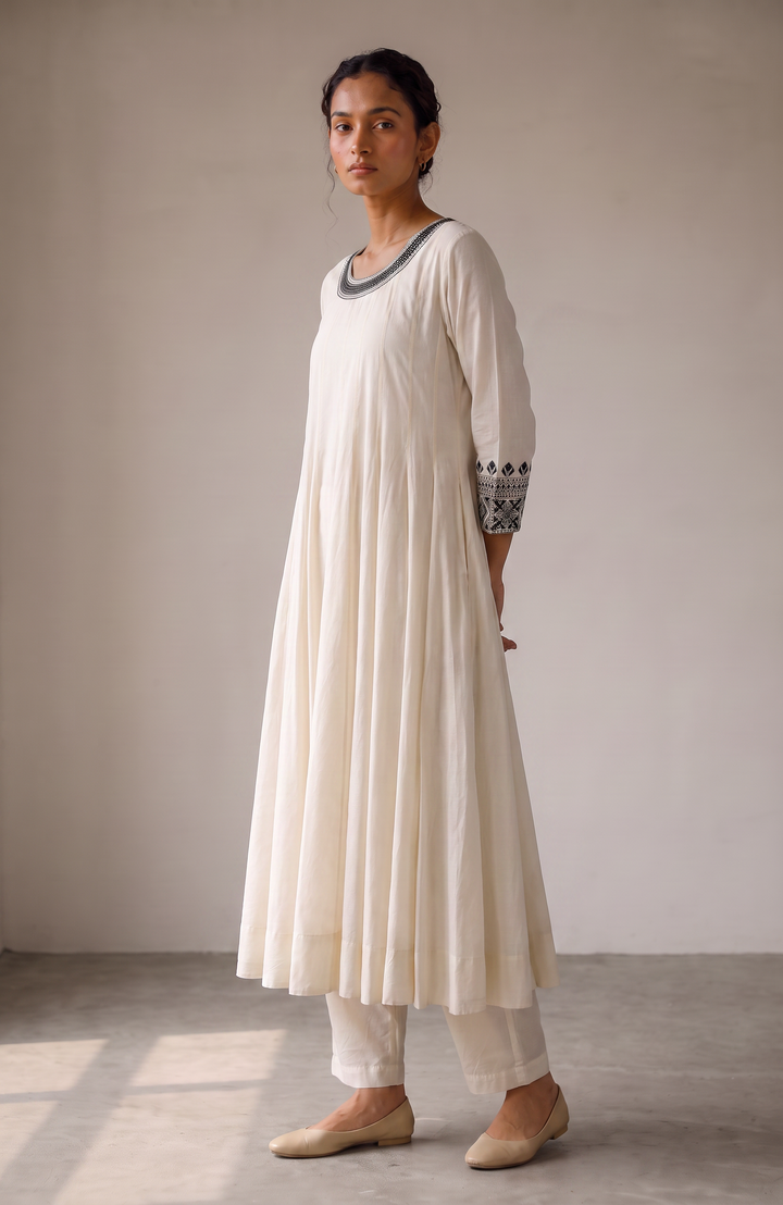 Off White & Black Embroidered Cotton Silk Kurta Set