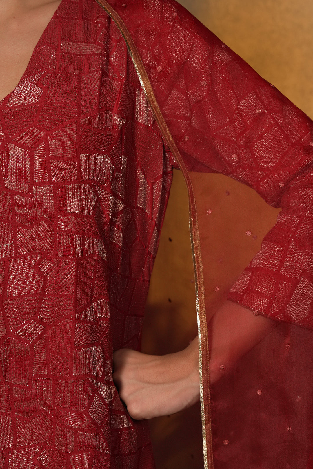 Red Embroidered Cotton Silk Kurta with Dupatta and Pants