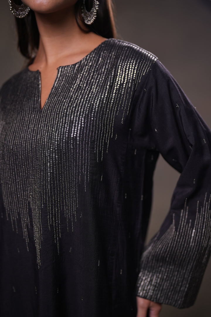Black Hand Embroidered Silk Kurta with Pants and Dupatta