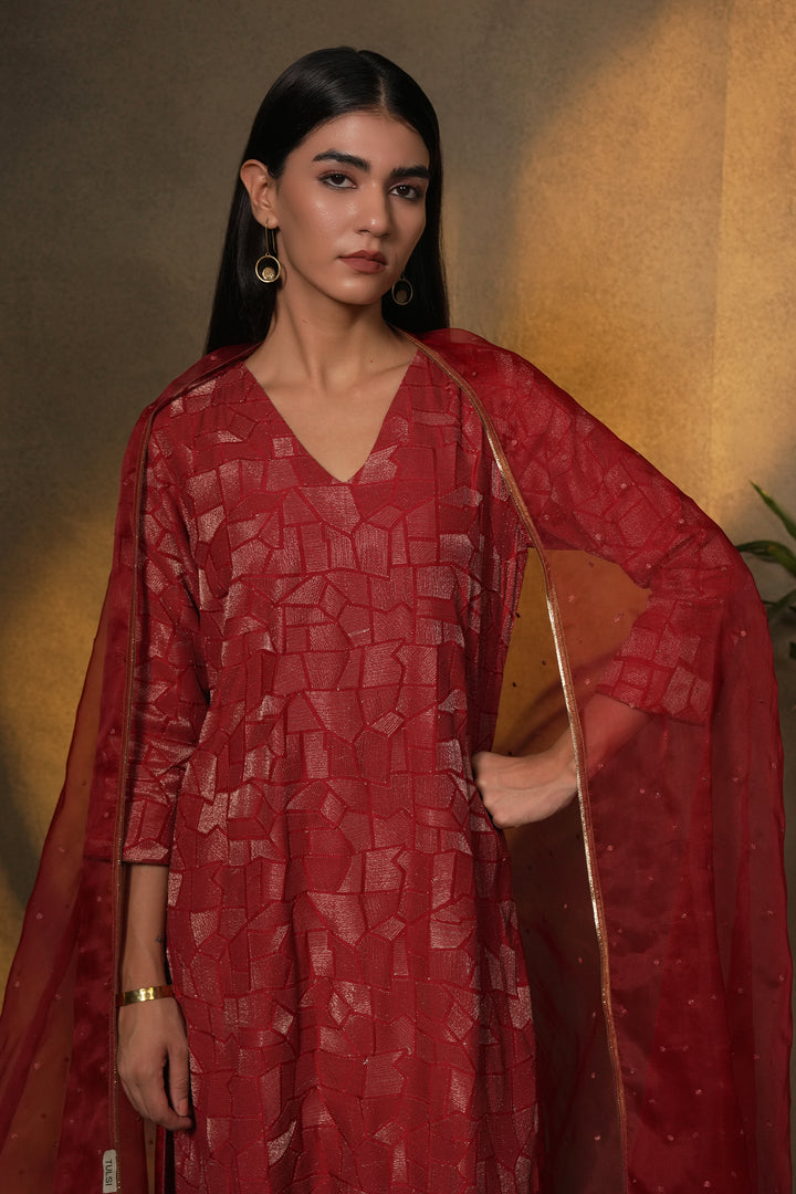 Red Embroidered Cotton Silk Kurta with Dupatta and Pants