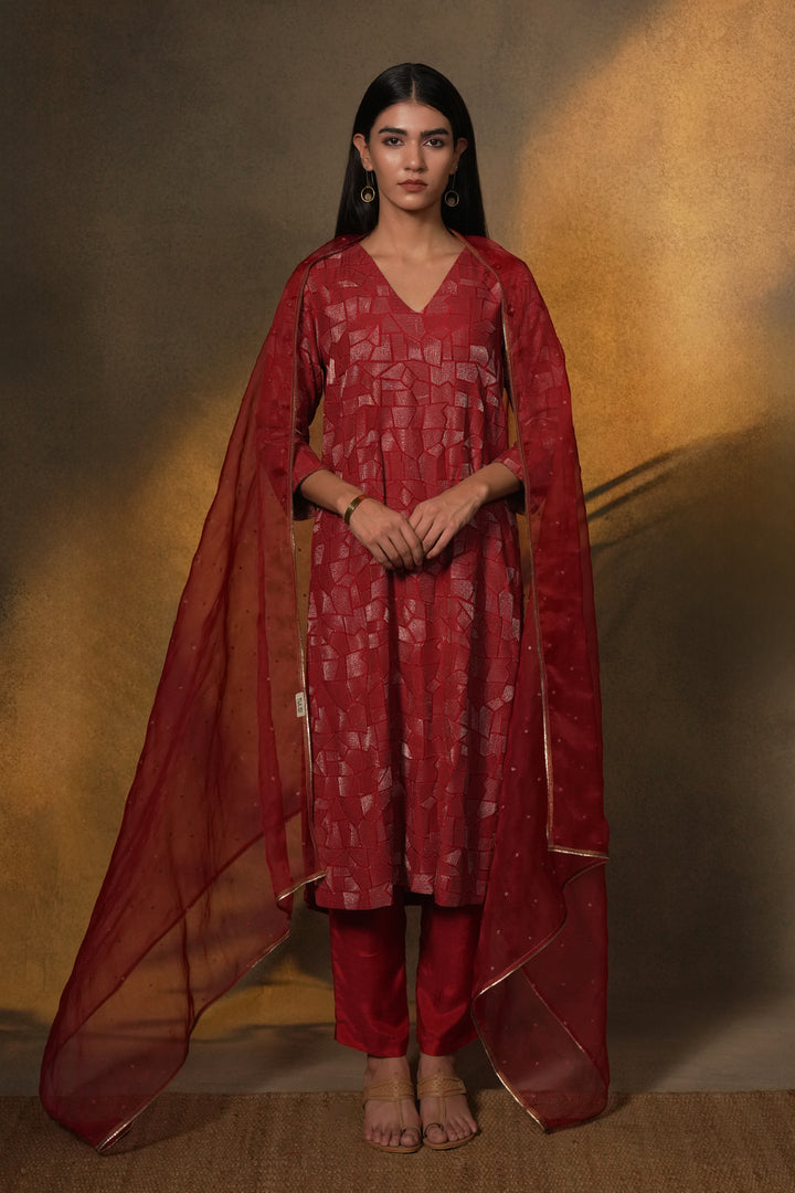 Red Embroidered Cotton Silk Kurta with Dupatta and Pants