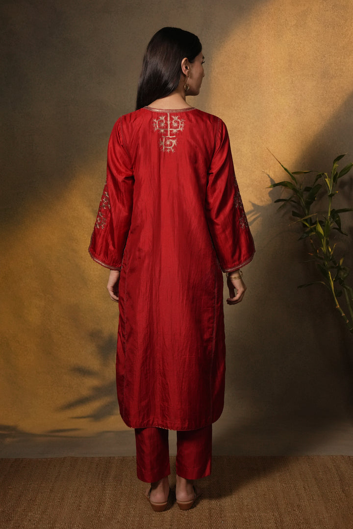 Red Embroidered Silk Kurta with Pants and Organza Dupatta