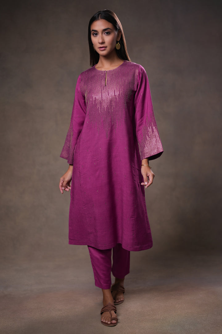 Plum Hand Embroidered Silk Kurta with Pants and Dupatta