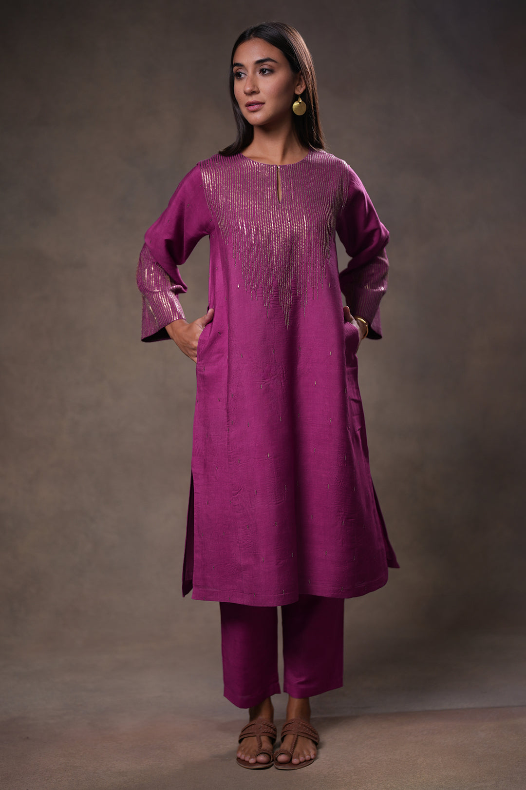 Plum Hand Embroidered Silk Kurta with Pants and Dupatta