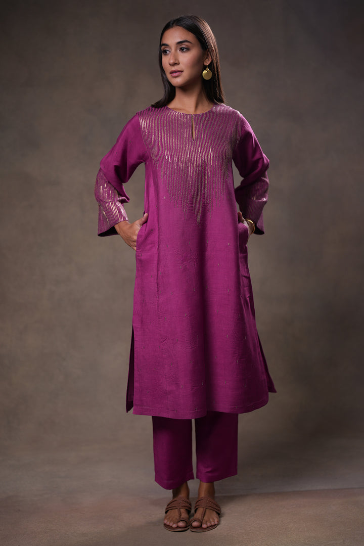 Plum Hand Embroidered Silk Kurta with Pants and Dupatta