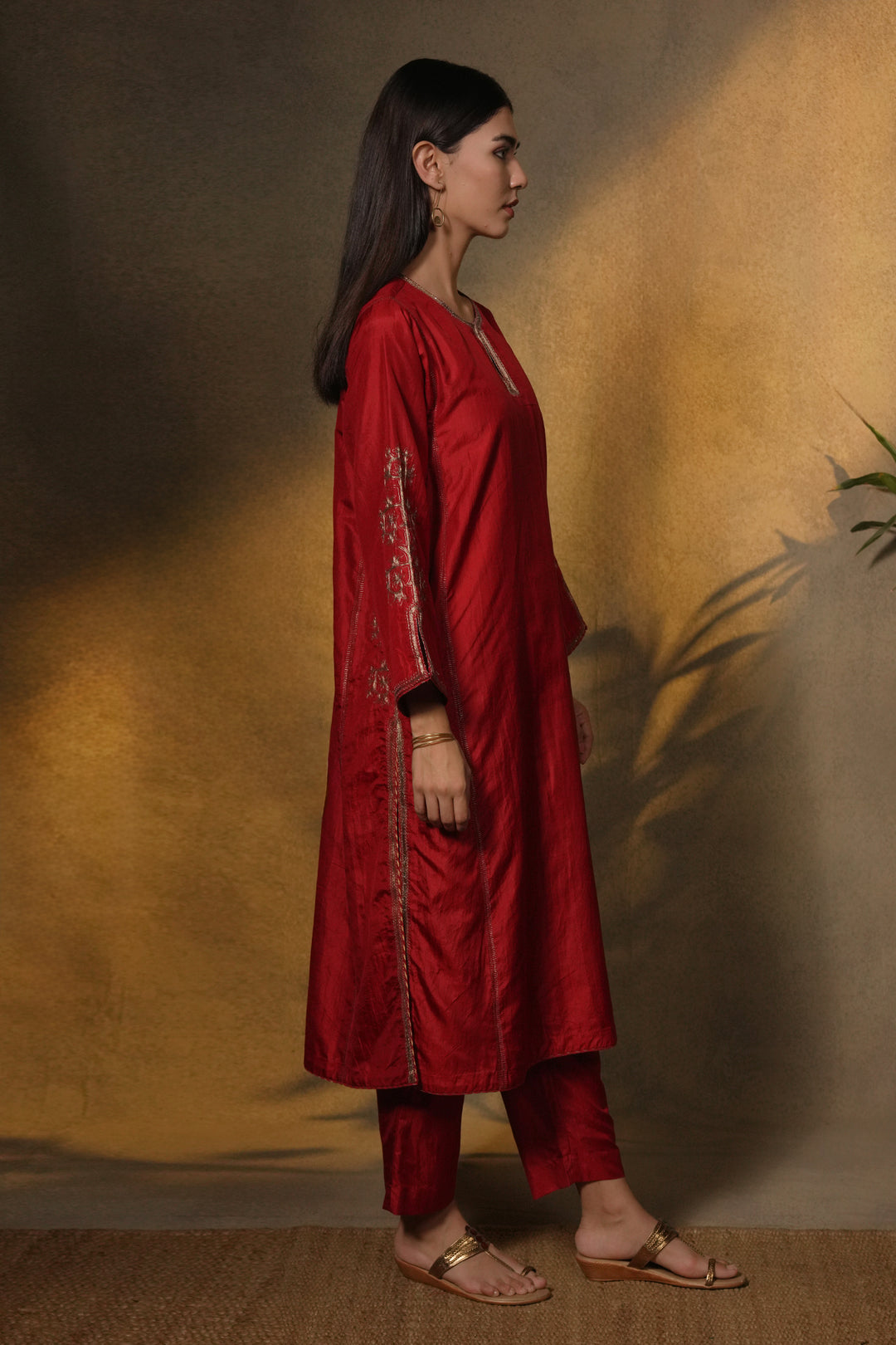 Red Embroidered Silk Kurta with Pants and Organza Dupatta