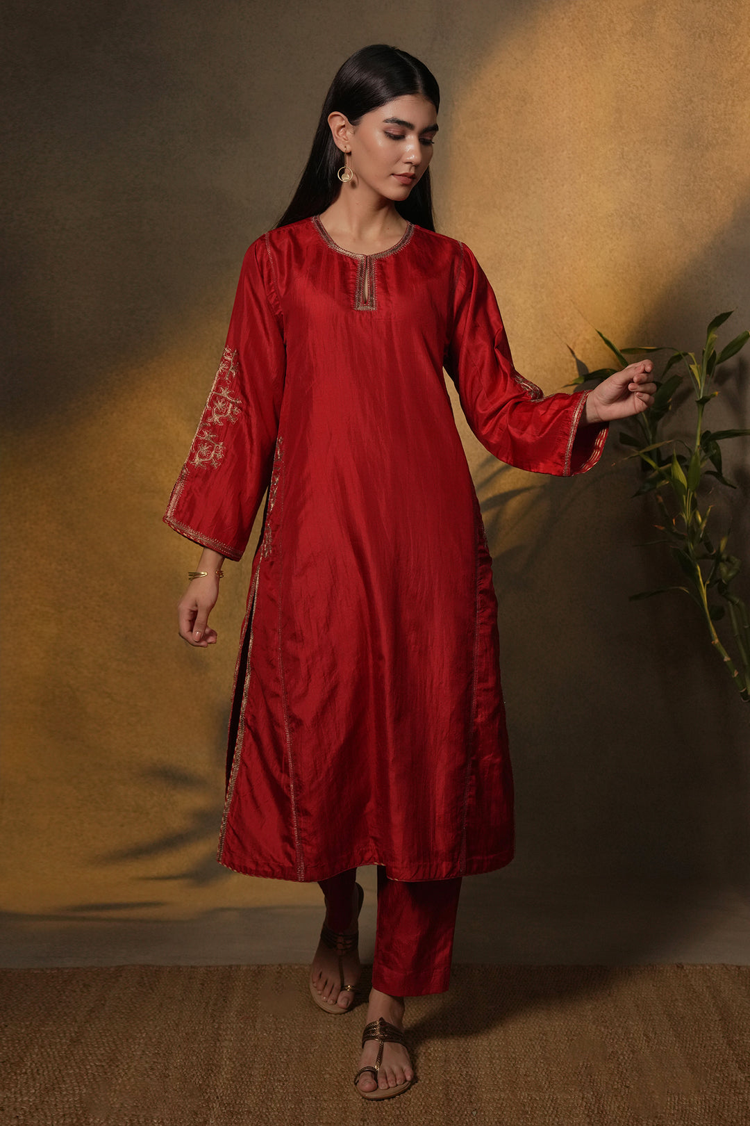 Red Embroidered Silk Kurta with Pants and Organza Dupatta