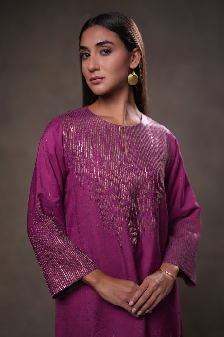 Plum Hand Embroidered Silk Kurta with Pants and Dupatta