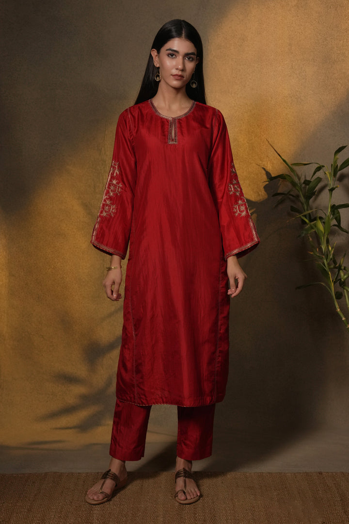 Red Embroidered Silk Kurta with Pants and Organza Dupatta
