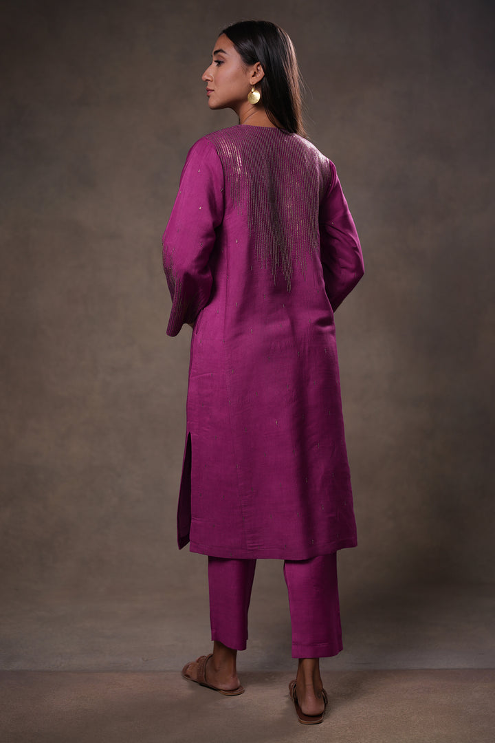 Plum Hand Embroidered Silk Kurta with Pants and Dupatta
