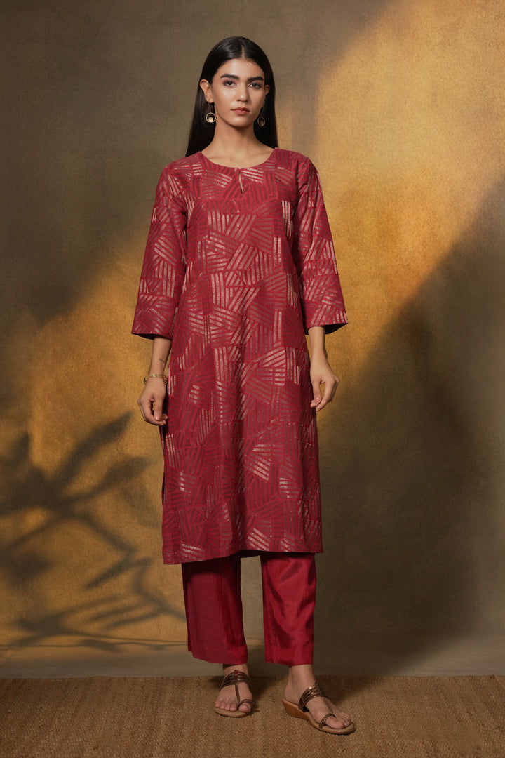 Wine Embroidered Cotton Silk Kurta with Pants and Dupatta