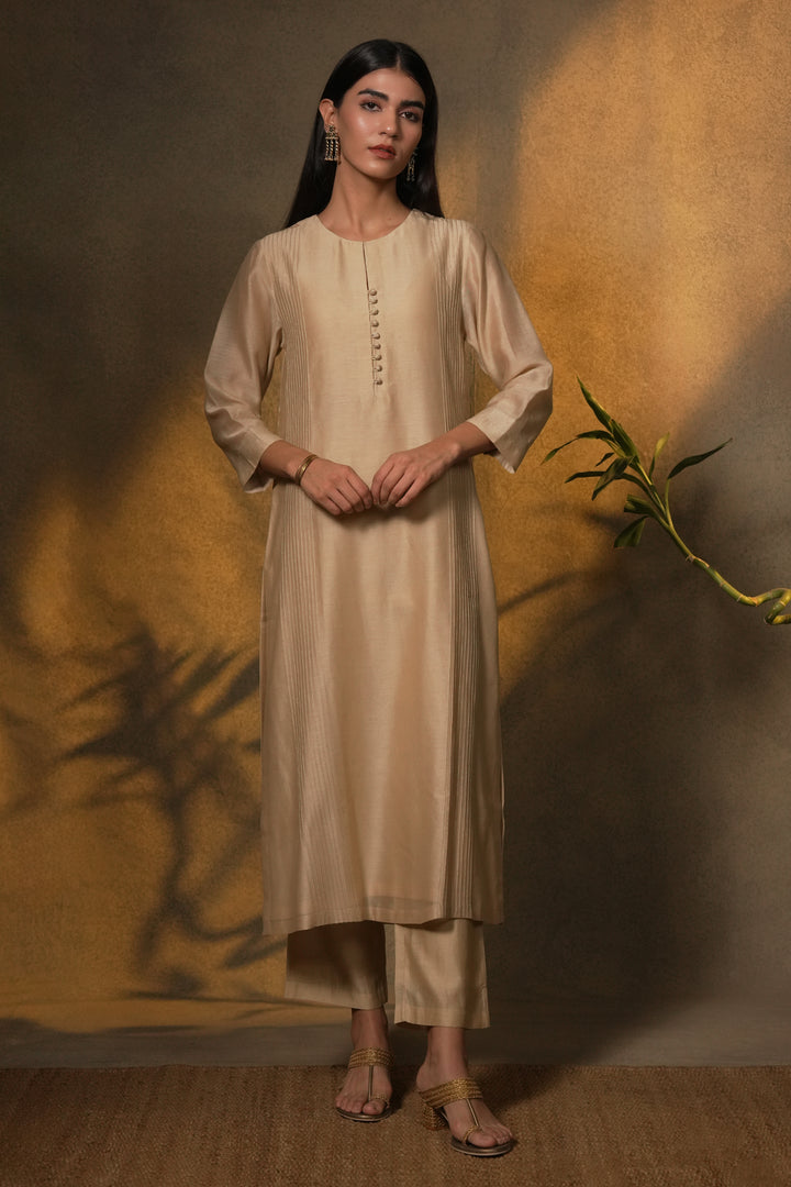 Beige Chanderi Kurta with Pants and Hand Embroidered Dupatta