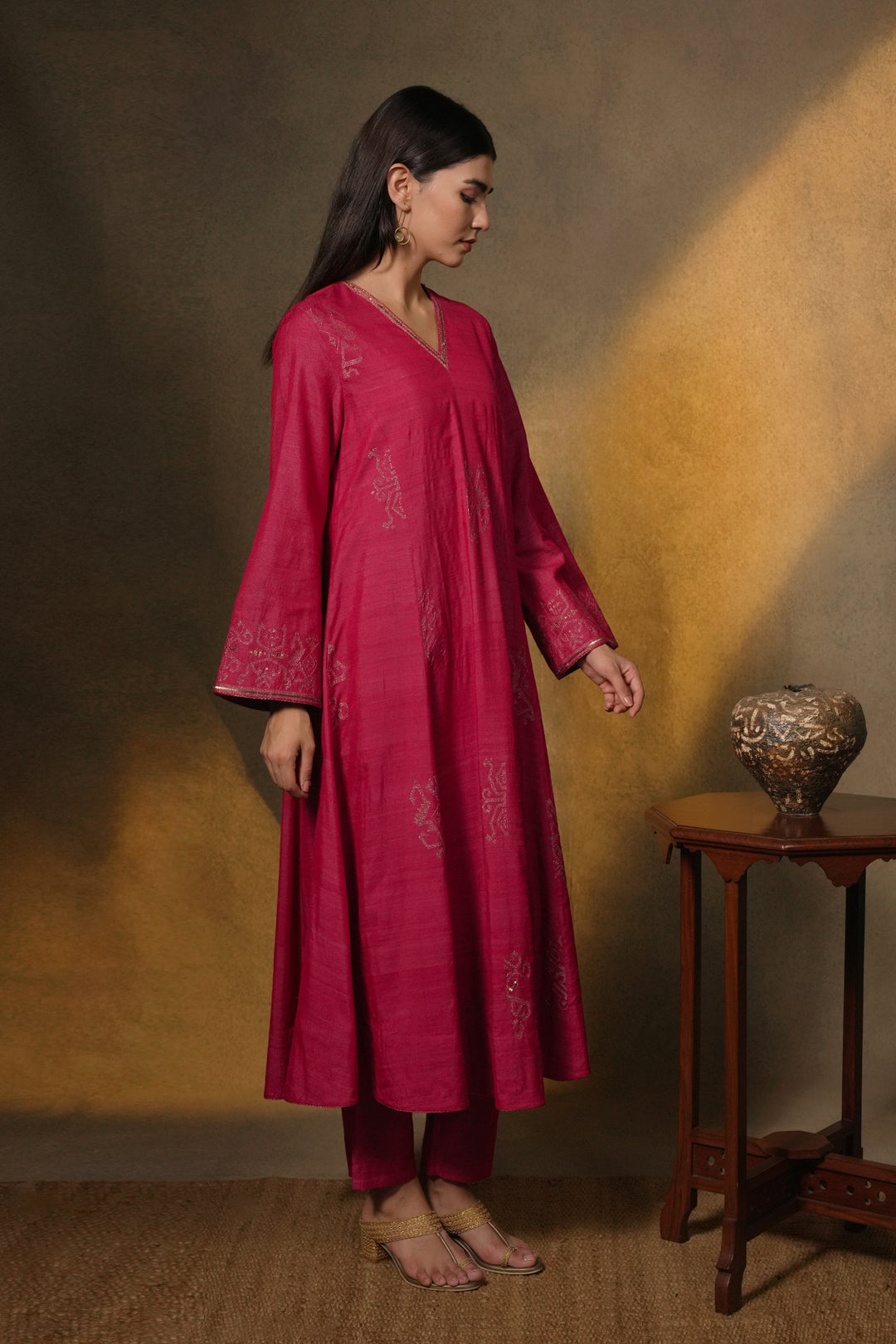 Hot Pink Hand Embroidered Silk Kurta with Organza Dupatta