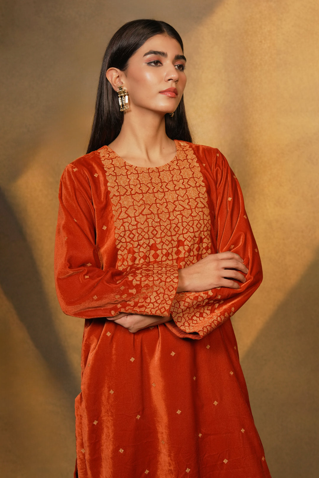 Orange Velvet Kurta with Pants and Tissue Dupatta