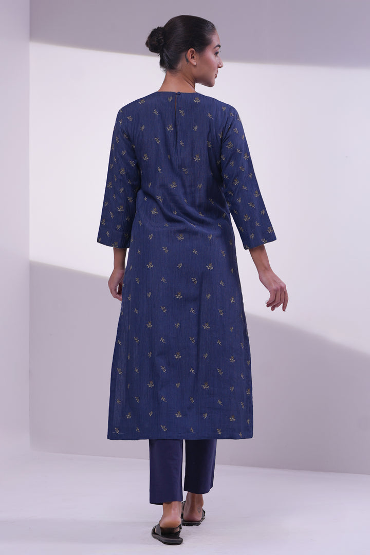 Navy Cotton Silk Embroidered Kurta Set